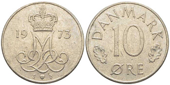 ДАНИЯ 10 ЭРЕ 1973 S; B, МАРГРЕТЕ II (1972-) KM 860.1 медно-никель 116-238