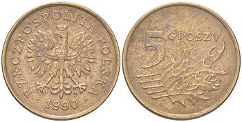 Польша 5 грошей 1990 Y 278 марганец латунь 4614-265
