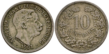 Люксембург 10 сантимов 1901 Адольф (1890-1905) KM 25 медно-никель 4602-427