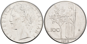 Италия 100 лир 1978 R, богиня Афина KM 96.1 нержавеющая сталь 259-151