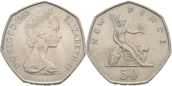 Великобритания 50 пенсов 1969 Елизавета II (1952-2022) KM 913, Spink 4223 (H1) медно-никель UNC 88-532
