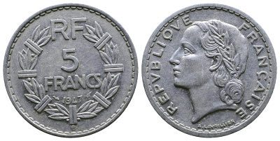 ФРАНЦИЯ 5 ФРАНКОВ 1947 B, CLOSED 9 KM 888b.2 алюминий 4364-4325