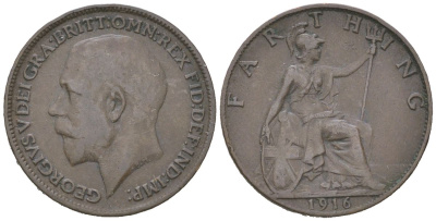 Великобритания 1 фартинг 1916 Георг V (1910-1936) KM 808.1, Spink 4059 бронза 4617-855
