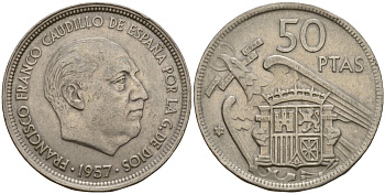 Испания 50 песет 1957 (59) Франсиско Франко (1939-1975) KM 788 медно-никель 189-1242
