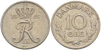 Дания 10 эре 1965 C;S, Фредерик IX (1947-1972) КМ 849.1 медно-никель 4387-948