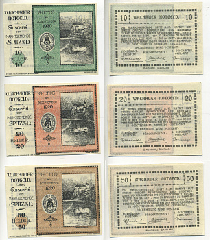 АВСТРИЯ, ВАЧАУ НАБОР ИЗ 3 БАНКНОТ 1920 30 СЕНТЯБРЯ 1920, НОТГЕЛЬД, 10, 20, 50 ГЕЛЛЕРОВ, GILTIG, ВТОРОЙ ВЫПУСК бумага aUNC 70-19-3