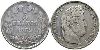 Франция 5 франков 1832 D, Луи Филипп I (1830-1848) KM 749.4 серебро 4386-212