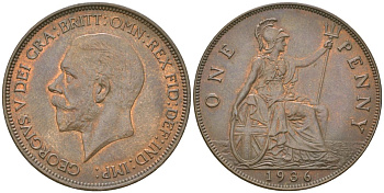 Великобритания 1 пенни 1936 Георг V (1910-1936) KM 838, Spink 4055 бронза  aUNC  69-1115