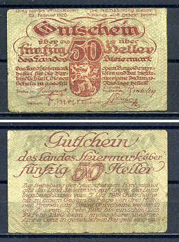 Штирия (Австрия) 50 геллеров 1920 Pick S137 бумага 7556-39-2-1
