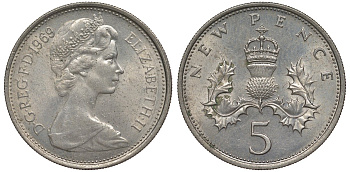 Великобритания 5 пенсов 1969 Елизавета II (1952-2022) KM 911, Spink 4233 (D1) медно-никель 4128-844