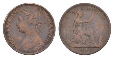 Великобритания 1 фартинг 1891 Виктория (1837-1901) KM 753, Spink 3958 бронза 4658-932