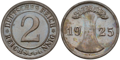 Германия 2 рейхспфеннига 1925 F KM 38, J.314, Weege 4 медь 4584-647
