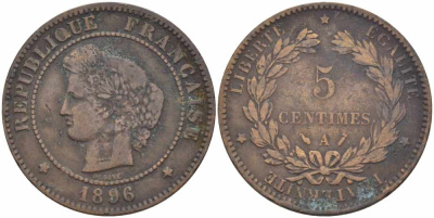 ФРАНЦИЯ 5 САНТИМОВ 1896 A, ТРЕТЬЯ РЕСПУБЛИКА (1871-1940) KM 821.1, LE FRANC 118.38 бронза 108-741