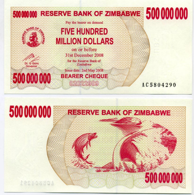 Зимбабве 500000000 долларов 2008 тигровая рыба, Кариба ГЭС Pick 60 бумага UNC (пресс) 448-53-2