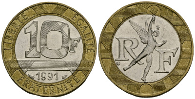 Франция 10 франков 1991 тип Гений Бастилии KM 964.1, Le Frank 375.6 биметалл 4135-545