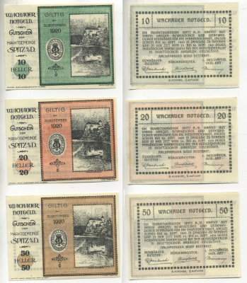 АВСТРИЯ, ВАЧАУ НАБОР ИЗ 3 БАНКНОТ 1920 30 СЕНТЯБРЯ 1920, НОТГЕЛЬД, 10, 20, 50 ГЕЛЛЕРОВ, GILTIG, ВТОРОЙ ВЫПУСК бумага aUNC 70-19-3