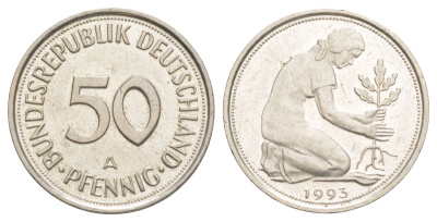 Германия 50 пфеннигов 1993 A KM 109 медно-никель UNC 4627-1219