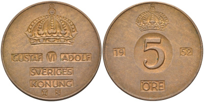 Швеция 5 эре 1952 TS, Густав VI Адольф (1950-1973) KM 822 бронза 00-00
