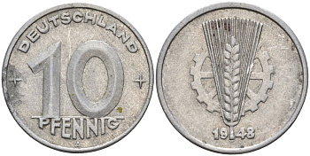ГДР 10 пфеннигов 1948 A KM 3 алюминий 4143-725