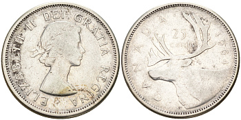 Канада 25 центов 1964 Елизавета II (1952-), олень KM 52 серебро 63-744