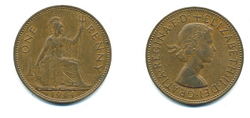 Великобритания 1 пенни 1964 Елизавета II (1952-2022) KM 897, Spink 4157 бронза 4383-742