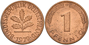 ФРГ 1 пфенниг 1979 G KM 105, J. 380 сталь плакированная медью    4598-564