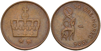 Норвегия 50 эре 1996 Харальд V (1991- ) KM 460 бронза 4154-818