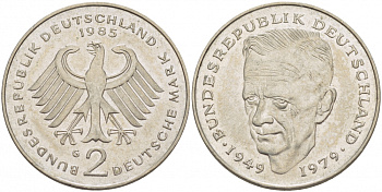 ФРГ 2 МАРКИ 1985 G, КУРТ ШУМАХЕР KM 149, J. 424 медно-никель плакированный никелем 3718-943
