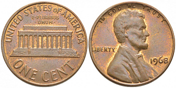 США 1 ЦЕНТ 1968 ЛИНКОЛЬН KM 201 медь цинк 112-217