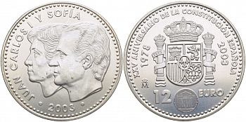 Испания 12 евро 2003 Карлос и София, 25 лет Конституции Испании KM 1051 серебро UNC 3896-1123