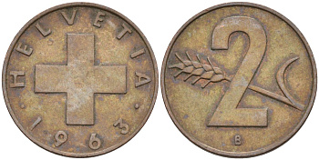 Швейцария 2 раппена 1963 В KM 47 бронза 4591-1253