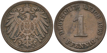 Германия 1 пфенниг 1909 A KM 10, J. 10 медь 4576-119