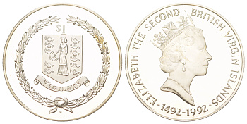 Британские Виргинские острова 1 доллар 1992 500 лет открытию Америки KM 169 медно-никель PROOF 1521-442
