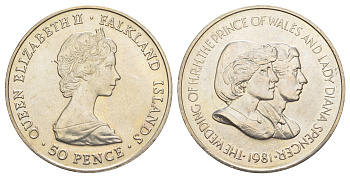Фолклендские острова (Фолкленды) 50 пенсов 1981 Свадьба Принца Чарльза и Леди Дианы KM 16 медно-никель UNC 4527-234