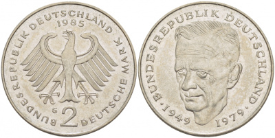 ФРГ 2 МАРКИ 1985 G, КУРТ ШУМАХЕР KM 149, J. 424 медно-никель плакированный никелем 3718-943
