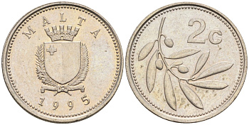 Мальта 2 цента 1995 оливковая ветвь KM 94 медно-никель 188-648