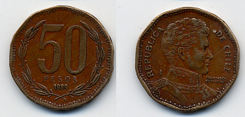 Чили 50 песо 1989 Бернардо О’Хиггинс KM 219.2 алюминиевая бронза 51-4713