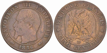 ФРАНЦИЯ 5 САНТИМОВ 1856 D, НАПОЛЕОН III (1852-1870) KM 777.4, LE FRANC 116.33 бронза 108-432