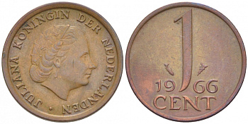 НИДЕРЛАНДЫ 1 ЦЕНТ 1966 ЮЛИАНА KM 180 бронза 3457-1028