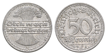 Германия 50 пфеннигов 1921 A KM 27, J. 301 алюминий 4638-1012