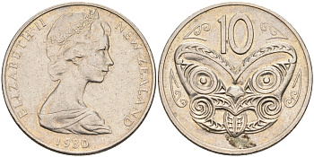 Новая Зеландия 10 центов 1980 Елизавета II (1952-2022), маска маори KM 41.1 медно-никель 4126-1227