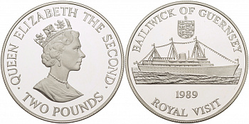 Гернси 2 фунта 1989 королевский визит, королевская яхта Британия KM 52a серебро PROOF 11-176-25