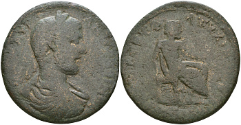 Римская Империя, Провинция Азия, Магнезия-на-Меандре AE 221 - 222 Александр Север, бюст императора / Зевс, сидящий на троне (Extremely rare) RPC online IV 5172 var бронза 1100-6-14