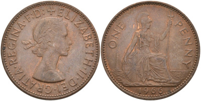 Великобритания 1 пенни 1966 Елизавета II (1952-2022) KM 897, Spink 4157 бронза 4574-244