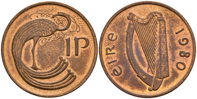 Ирландия 1 пенни 1980 мифологическая птица лира KM 20 бронза 4141-234