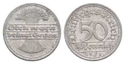 Германия 50 пфеннигов 1921 A KM 27, J. 301 алюминий 4638-1012