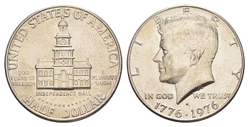 США 1/2 доллара (50 центов) 1976 D, 200 лет независимости, Джон Кеннеди KM 205 медь плакированная медно-никелем aUNC 4557-335