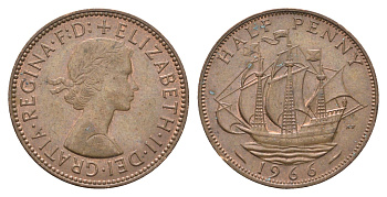 Великобритания 1/2 пенни 1966 Елизавета II (1952-2022) KM 896, Spink 4158 бронза 4663-121