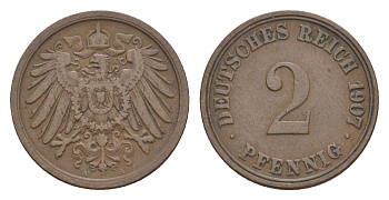 Германия 2 пфеннига 1907 A, Вильгельм II (1888-1918) KM 16, J. 11, Weege 4 медь 4639-1216