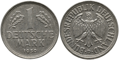ФРГ 1 марка 1950 D, KM 110, J. 385 медно-никель 51-816